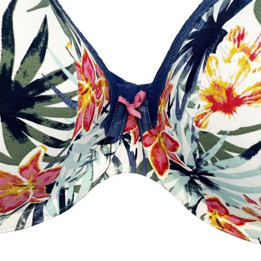 CACIQUE Tropical Floral & Lace Lightly Lined T-shirt Bra • 42DD white blue pink